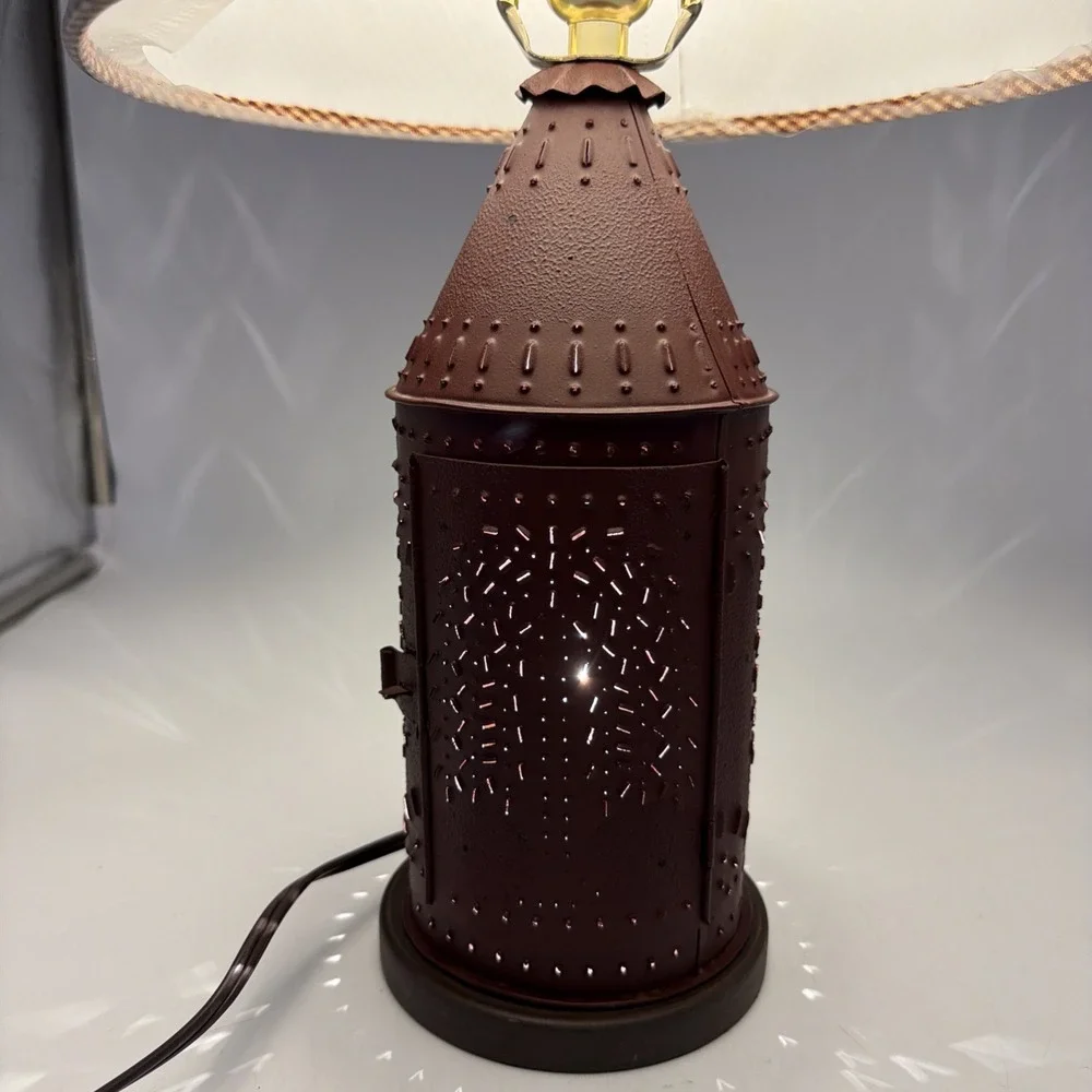 Vintage Primitive Punched Tin Willow Tree Table Lamp W/Homespun Check Shade